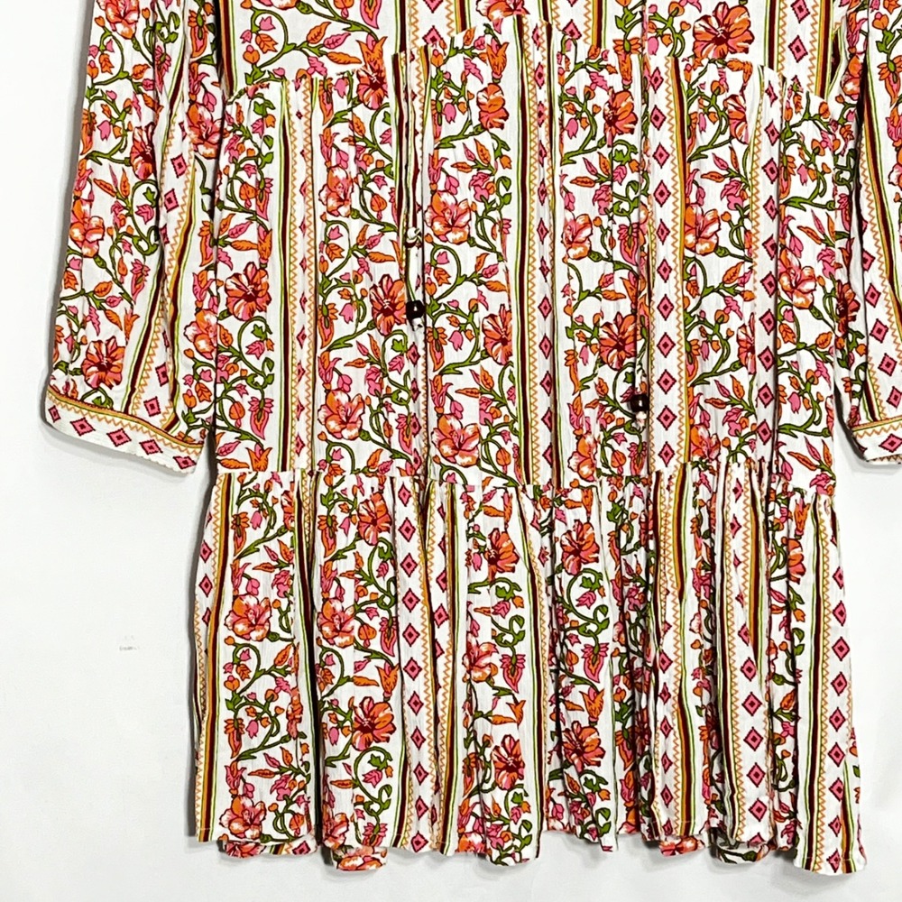 Japna Womens Floral Geometric Tiered Mini Dress Orange Pink Boho Tassel Small - Picture 4 of 7